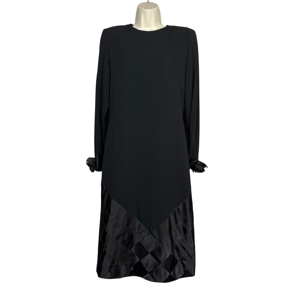 Vintage Victor Costa Ribbon Trim Sheath Dress Black Event Flower Applique Trim M